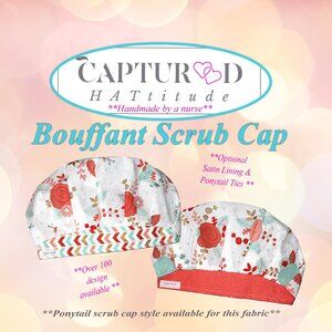 NWOT Handmade Pastel Roses Bouffant Scrub Cap- arrows, gold highlights